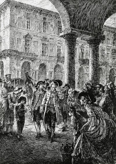 Encontro sob as arcadas de Turim, ilustração para A tempestade, Satet, Turim de Edoardo Calandra