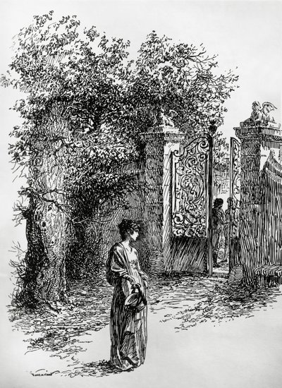 Mulher em frente a um portão, ilustração para A tempestade, Satet, Turim de Edoardo Calandra