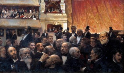 Intermission, uma estreia no Comedie francês Entre os espectadores: na banheira, Henri Rochefort e Leon Gambetta, no camarim da cena de vanguarda no topo, Jules Ferry, d
