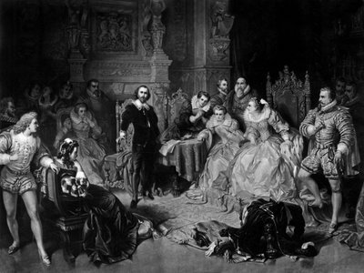 William Shakespeare (1564-1616) na corte da Rainha Elizabeth I, gravado por Pierre Cottin, c.1864 (mezzotint) de Edouard (after) Ender