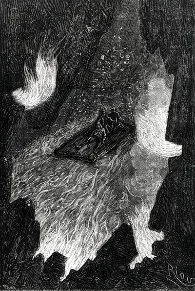 A jangada ondulada sobre ondas de lava, ilustração de 