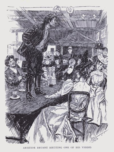 Paris boémia: Aristide Bruant a recitar um dos seus versos (litografia) de Edouard Alfred (1875 1954) Cucuel