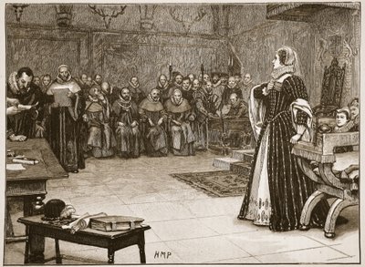 Julgamento de Maria Rainha dos Escoceses no Castelo Fotheringhay, ilustração de &39;História Ilustrada de Cassell da Inglaterra&39; (foto sépia) de Edouard Berveiller