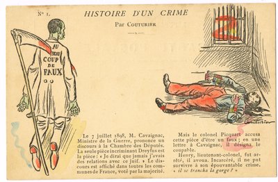 Cartão Postal, Satirical in Colors: Caso Dreyfus - Henry Colonel Ilustração por Couturier (1869-1935) de Edouard Couturier