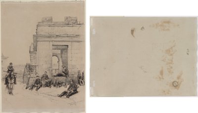 Soldados Descansando (reto) Esboço de um Homem com Braço Erguido e Esboço de um Capacete (verso) de Edouard Detaille