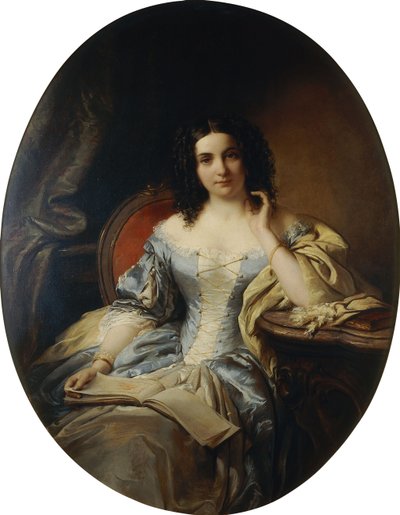 Retrato de uma senhora sentada em um vestido azul e branco; Retrato de uma senhora sentada em um vestido azul e branco, 1853 de Edouard Ender