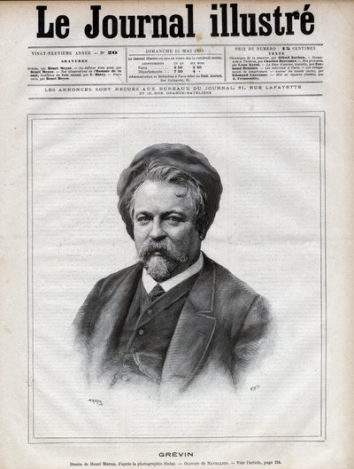 Alfred Grevin (1827-1892) escultor, cartunista, cartunista, caricaturista e designer de figurinos de teatro francês - Gravura de Navellier depois da foto de Nadar no "The Illustrous Journal" de 1892 de Edouard Felicien Eugene Navellier