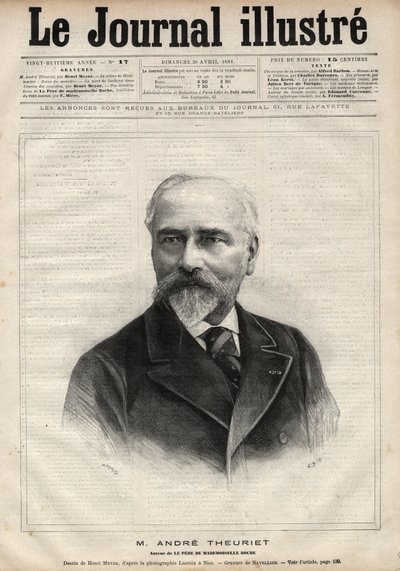 Retrato de André Theuriet (1833-1907), romancista, poeta e acadêmico francês - Gravura de Navellier em "Le journal illustrious" de 1891 de Edouard Felicien Eugene Navellier
