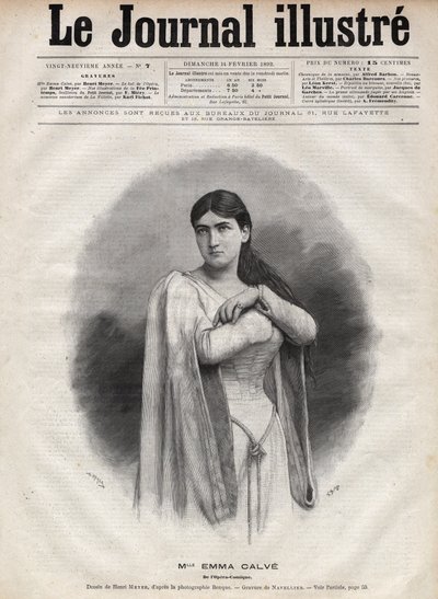 Retrato de Emma Calve (Rosa Noemie Emma Calvet de Roquet, dit) (1858-1942), soprano francês - Gravura de Navellier no "The Illustrous Journal" de 1892 de Edouard Felicien Eugene Navellier
