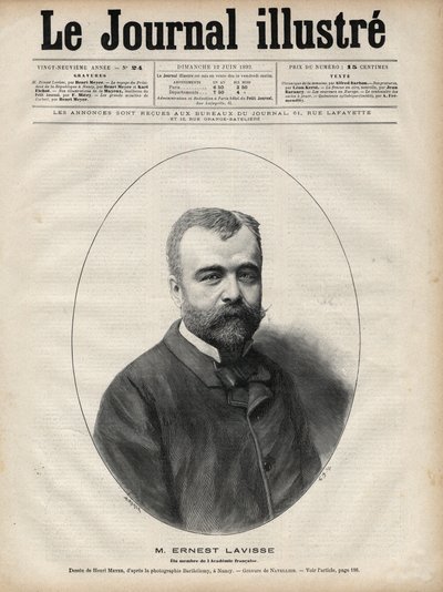 Retrato de Ernest Lavisse (1842-1922), historiador e acadêmico francês - Gravura de Navellier em "Le journal illustrious" de 1892 de Edouard Felicien Eugene Navellier