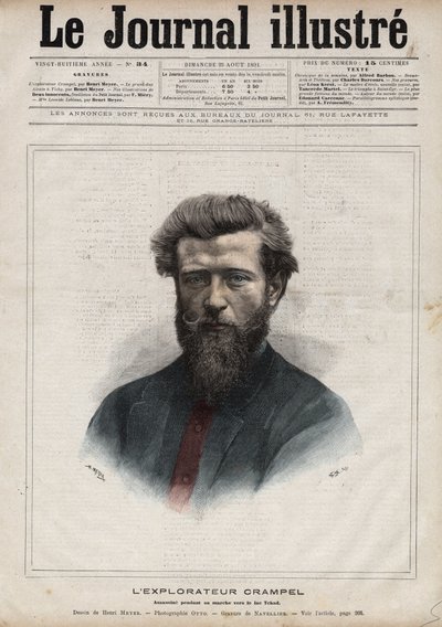 Retrato de Paul Crampel (1864-1891), explorador francês da África Central - Gravura de Navellier em "The Illustrous Diary" de 1891 de Edouard Felicien Eugene Navellier