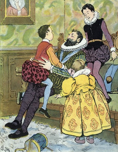 Rei de França Henri IV brincando com os seus filhos (1553-1610) Ilustração de Edouard Zier em "Nos-Gloriers-Nationales", privee da colecção de 1920 de Edouard Francois Zier