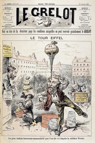 Desenho animado sobre escândalos financeiros "A Torre Eiffel: o batonista mais hábil - retractor visto desde o famoso Vivier". Capa "Le Grelot" de 22 de janeiro de Edouard Guillaumin Pepin
