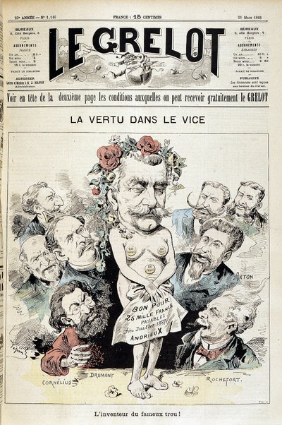 Desenho animado sobre o escândalo do Panamá: "Virtude no vício: o inventor do famoso buraco!" - Couv. "Le Grelot" de 26 de Março. de Edouard Guillaumin Pepin