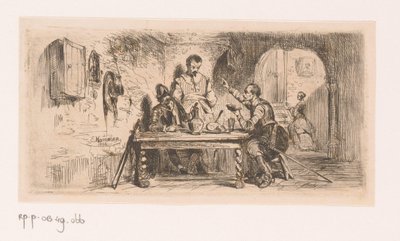 Três soldados a uma mesa num pátio, um deles lê de um livro de Edouard Hamman
