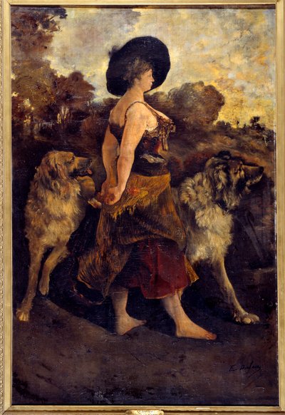 La Carola Uma cigana com seus cães. Pintura de Edouard Jacques Dufeu (1840-1900) 1878 de Edouard Jacques Dufeu