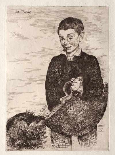 A criança com o cachorro, com a sacola de compras de Édouard Manet