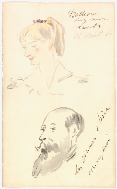 Manet - Cabeça de mulher e cabeça de homem barbudo, 1880 de Édouard Manet