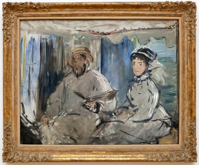O pintor Claude Monet (1840-1926) no seu estúdio. (Ao seu lado, a sua esposa Camille, no seu barco de oficina). Pintura de Edouard Manet (1832-1883), Oil On Canvas de Édouard Manet