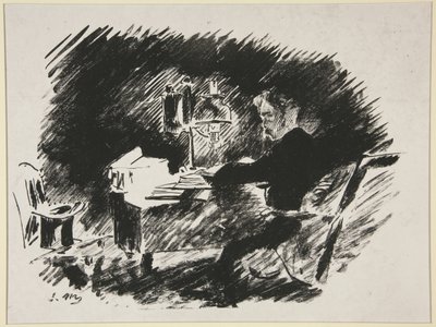 Sob a lâmpada, primeira ilustração da tradução de Mallarmé de «O Corvo» de Poe de Édouard Manet