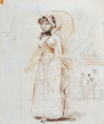 Mulher andando com guarda-chuva aberto; Mulher em uma caminhada segurando um guarda-sol aberto, 1880 de Édouard Manet