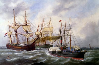 Dois reboques de três esteiras por Le Neptune au Havre em 1882 Pintura por Edouard Adam (1847-1929) 1882 Paris, Musee de la Marine de Edouard Marie Adam