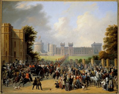 Chegada por Louis Philippe I (1773-1850) ao Castelo de Windsor 8/10/1844 Pintura por Edouard Pingret (1788-1875) 1845 Sol. 1,28x1,6 m de Edouard Pingret