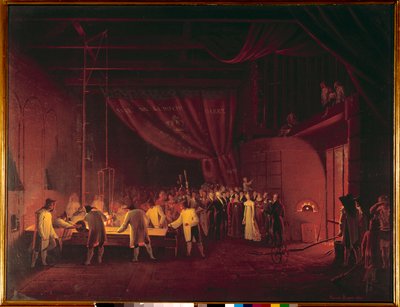Marie Caroline de Bourbon Sicilia, Duquesa de Berry (1798-1870), visitou as fábricas de Saint Gobain em 1822 Os trabalhadores fizeram um fundição de vidro à mesa. Pintura de Edouard Pingret (1788-1875) 1824 Coleção particular de Edouard Pingret