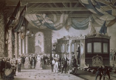 Rainha Victoria (1819-1901) e Príncipe Albert (1819-1861) Chegando na Estação Gosport, Hampshire, gravada por Bayot & Cuvilier, 1846 de Edouard Pingret