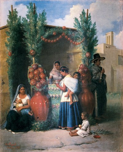 Cena perto de um bar em uma rua no México: uma mulher está amamentando seu filho, outra bebe e carrega seu filho nas costas, uma criança está brincando no chão. Pintura de Edouard Pingret (1788-1875), meados do século XIX. Cidade do México. Banco Nacional de Edouard Pingret