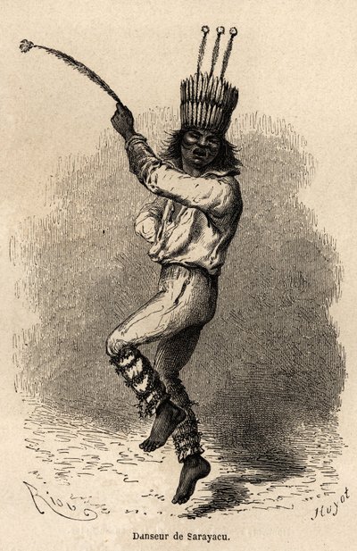 Dançarino em Sarayacu (Peru), desenho de Riou, para ilustrar a viagem de Paul Marcoy do Oceano Pacífico ao Oceano Atlântico de 1848 a 1860. Gravura em "Le tour du monde", editado por Edouard Charton de Edouard Riou
