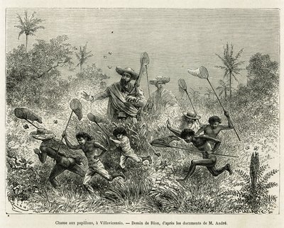 Um bando de crianças caçadas por borboletas, acompanhadas pelo autor, um Villavicensio (Colômbia), desenho de Riou, para ilustrar a história da América Equinoxial (Colômbia, Equador, Peru), em 1875-1876, por Ed. andre, viajante encarregado da missão pela F de Edouard Riou