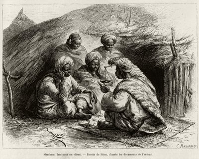 Um comerciante fascina um cliente, sentado no chão, sobre um pequeno tapete, ele faz o artigo segurando uma balança. Gravado por Riou, para ilustrar a história "From Niger to the Gulf of Guinee", do capitão Louis Gustave Binger (1856-1936), em 1887-1889, i de Edouard Riou