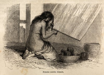 Um Conibo indiano do Peru tecelagem, desenhada por Riou para ilustrar a viagem, de 1848 a 1860, de P. Marcoy, do Oceano Pacífico para o Oceano Atlântico. Gravura em "Le tour du monde", editado por Edouard Charton de Edouard Riou