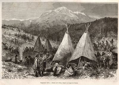 Um acampamento indiano, em território do Utah, nas margens do Riviere Verte. Gravura após o desenho de E.Riou, para ilustrar a história La conquete blanche, de William Hepworth Dixon, em 1875, publicada em "Le tour du monde" 1876, editada por Edouard Chart de Edouard Riou
