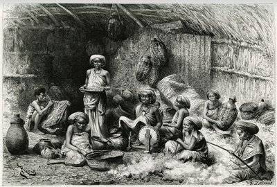 Uma tarde no Sheik dos Gobrons, o favorito das atividades femininas: bordado e fiação de lã, vime e cerâmica. Gravura de Riou, para ilustrar a história "Voyage chez les Benadir, les somalis et les Bayoun", em 1882-1883, de Georges Rev de Edouard Riou
