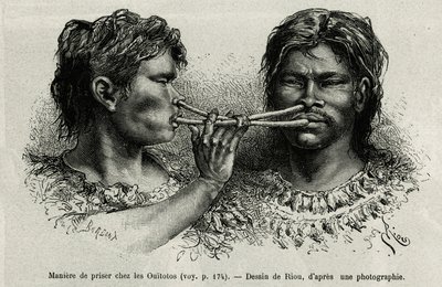 Um instrumento feito de osso de pássaro e uma forma de rapé entre os índios ouitotos (uitototo), soprando em uníssono, eles enviam simultaneamente a captura. Gravura de Riou, para ilustrar a história de Cayenne aux Andes, de Jules Crevaux, médico da marinh de Edouard Riou