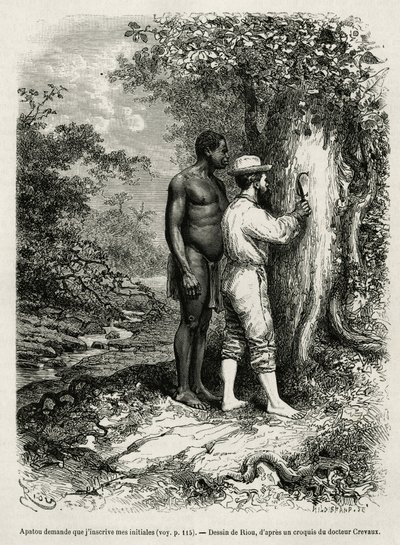 Apatou, guia e companheiro de viagem pede ao autor explorador que grave as suas iniciais na casca de uma árvore. Gravura de Riou, para ilustrar a história de Cayenne aux Andes, de Jules Crevaux, médico da marinha francesa, em 1878-1879, publicada no Tour d de Edouard Riou