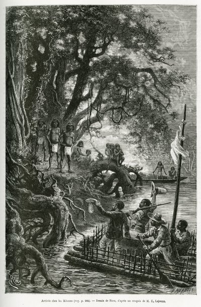 Chegada da jangada do Dr. Crevaux e E. Lejeanne, nas margens da aldeia de Mitouas. Gravura de Riou, para ilustrar a viagem de exploração por Nova Granada e Venezuela, do Dr. Crevaux, médico de primeira classe da marinha e E. Leje de Edouard Riou