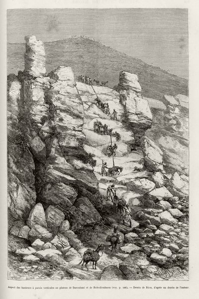 Aspecto das alturas com paredes verticais no planalto Dasoulami e Bobodioulasou (Golfo do Guinee), descrição das técnicas de engate dos montes do comboio de expedição. Gravura de Riou, para ilustrar a história "Do Níger ao Golfo do Gui de Edouard Riou