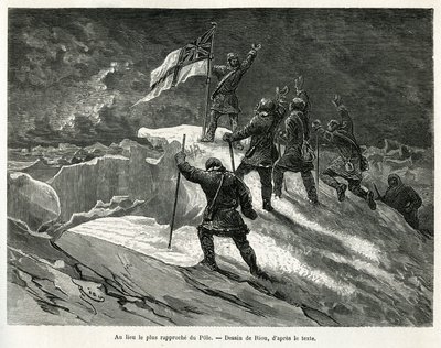 O Capitão George Strong Nares (1831-1915) plantou a bandeira britânica no local mais próximo do poste, desenhada por Riou, para ilustrar a história de uma viagem ao mar polar em 1875-1876, pelo Capitão G.S.Nares. Gravura em Le tour du monde de Edouard Riou