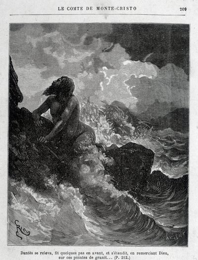Dantès escapou nadando - Engraving by Riou, in "Le Comte de Monte-Cristo" de A. Dumas, ed. Jules Rouff & Cie de Edouard Riou