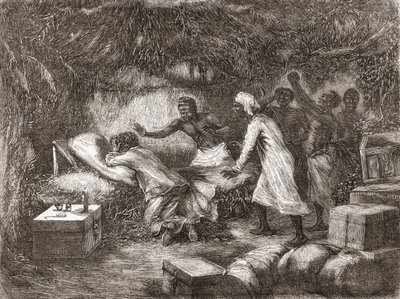 Morte do Dr. Livingstone na vila de Tchitammbo, África, em 1873, ilustração de "The World in the Hands", publicada em 1878 de Edouard Riou