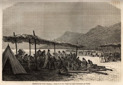 Distribuição de alimentos em Keauhou, após o terremoto e a erupção vulcânica de 1868, para as vítimas da catástrofe, gravada após o desenho de E.Riou, ilustrando a viagem às Ilhas Sandwich, em 1855-1869, de C. de Varigny, publicada em "Le de Edouard Riou