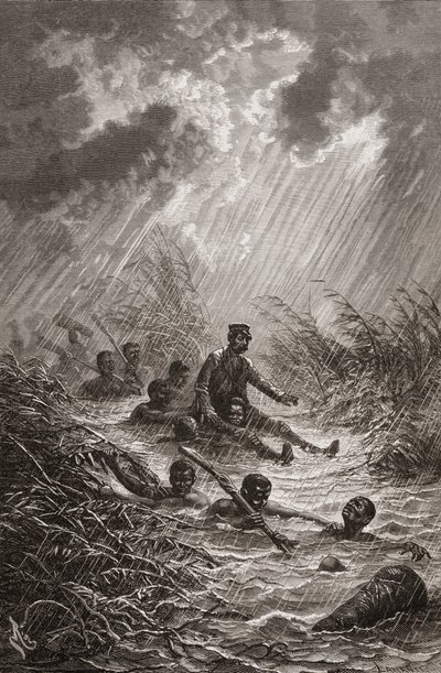 Dr. David Livingstone sendo levado por um pântano por carregadores durante sua expedição à África em 1872, ilustração de "O mundo nas mãos", gravada por Charles Laplante de Edouard Riou
