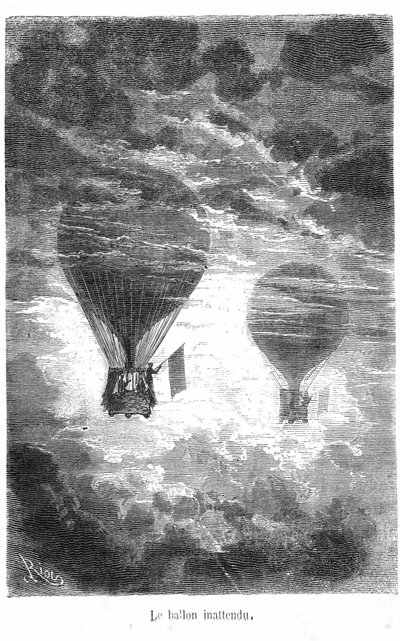Desenho do livro de Jules Verne "Five weeks en Ballon" coleção Hetzel/Extraordinary Travels. O Balão Victoria encontra outro balão nas nuvens de Edouard Riou