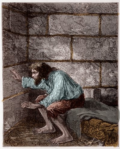 Edmond Dantes, conhecido como o Conde de Monte Cristo na sua prisão - Gravura de Riou, em "O Conde de Monte-Cristo" de Alexandre Dumas de Edouard Riou