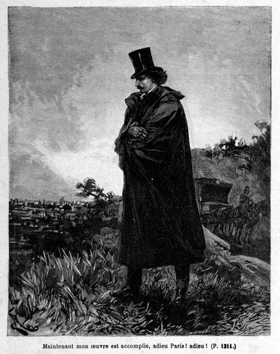 Edmond Dantes, o Conde de Monte-Cristo deixando Paris - Gravação de Riou, em "La Comte de Monte-Cristo" de Alexandre Dumas, Rouff & Cie de Edouard Riou