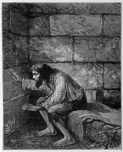 Edmond Dantes, o Conde de Monte Cristo na sua prisão - Gravura de Riou, em "La Comte de Monte-Cristo" de Alexandre Dumas, Rouff & Cie de Edouard Riou