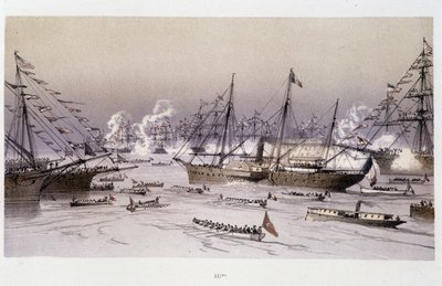 Entrada da Águia no Porto Dito para a inauguração do Canal do Suez - in "Through the Isthmus of Suez" de Riou, Marius Fontaine de Edouard Riou
